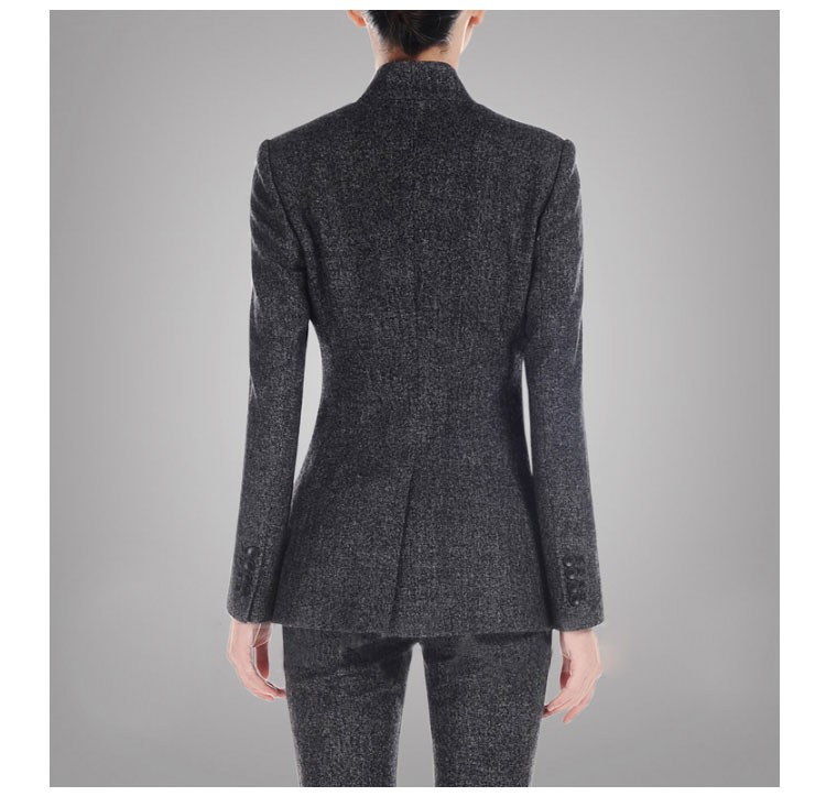 도매 맞춤형 독특한 V 넥 디자인 다크 그레이 여성 긴팔 싱글 브레스트 슈트