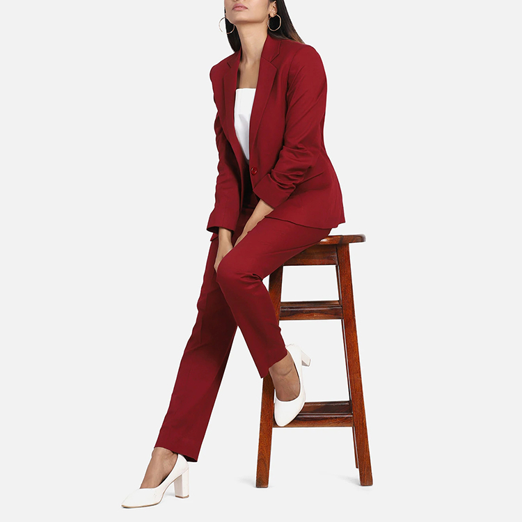 사용자 정의 디자인 간단한 스타일 솔리드 레드 컬러 여성 비즈니스 단일 버튼 V 넥 정장 및 바지