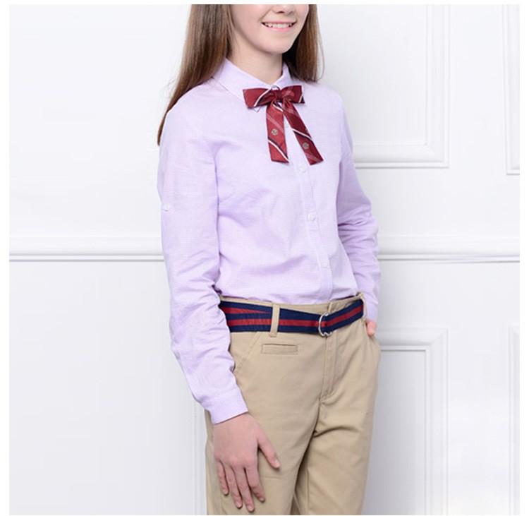 사용자 정의 디자인 100% 면 단색 소녀 긴 소매 턴다운 칼라 셔츠