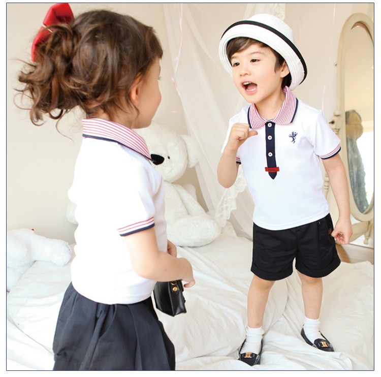 색상 조합 유치원 어린이 유니폼 남여 공용 반팔 폴로 셔츠 한 벌