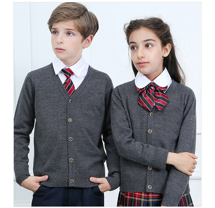 소녀를 위한 주문 진한 회색 교복 스웨터 카디건과 격자 무늬 치마