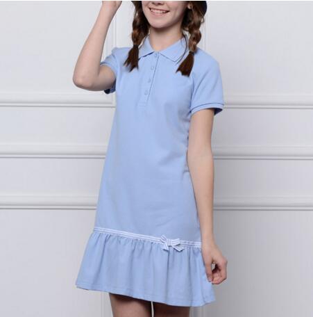 패션 솔리드 컬러 반팔 드레스 초등 학교 유니폼 디자인 교복 드레스