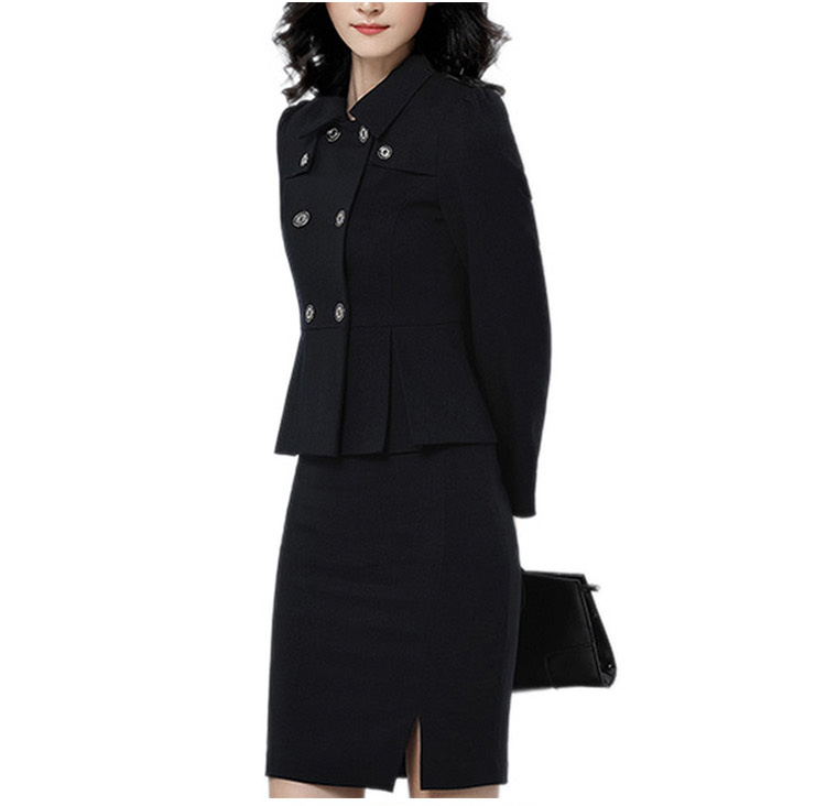 독특한 밑단 디자인 솔리드 블랙 컬러 여성 더블 브레스트 블레이저 및 싱글 사이드 슬릿 스커트