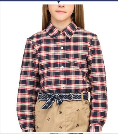 봄 영국 스타일 어린이 교복 격자 무늬 빨간색 긴팔 셔츠