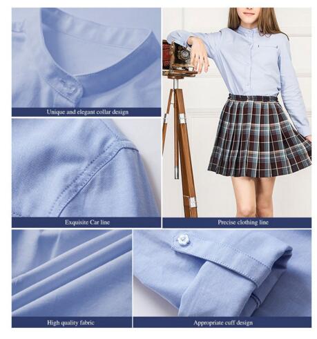 패션 봄 영국 스타일 솔리드 블루 컬러 싱글 브레스트 전체 소매 교복 흰색 셔츠