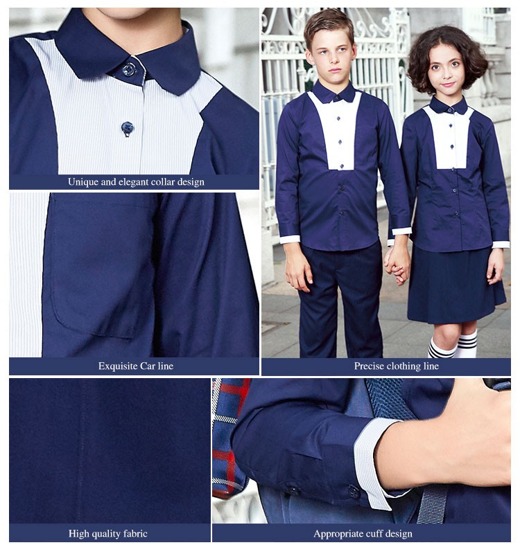 OEM은 소녀와 소년을 위한 새로운 Style100% 면 감색 교복 셔츠를 디자인합니다