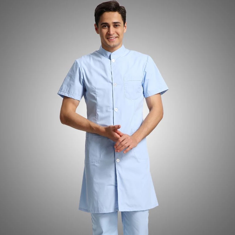병원 외과 의사와 의료 간호사 작업복 의사 주머니가있는 흰색 실험실 코트