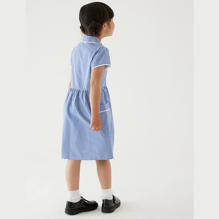 사용자 정의 디자인 여름 아시아 교복 격자 무늬 파란색 반팔 어린 소녀 a 라인 드레스 포켓
