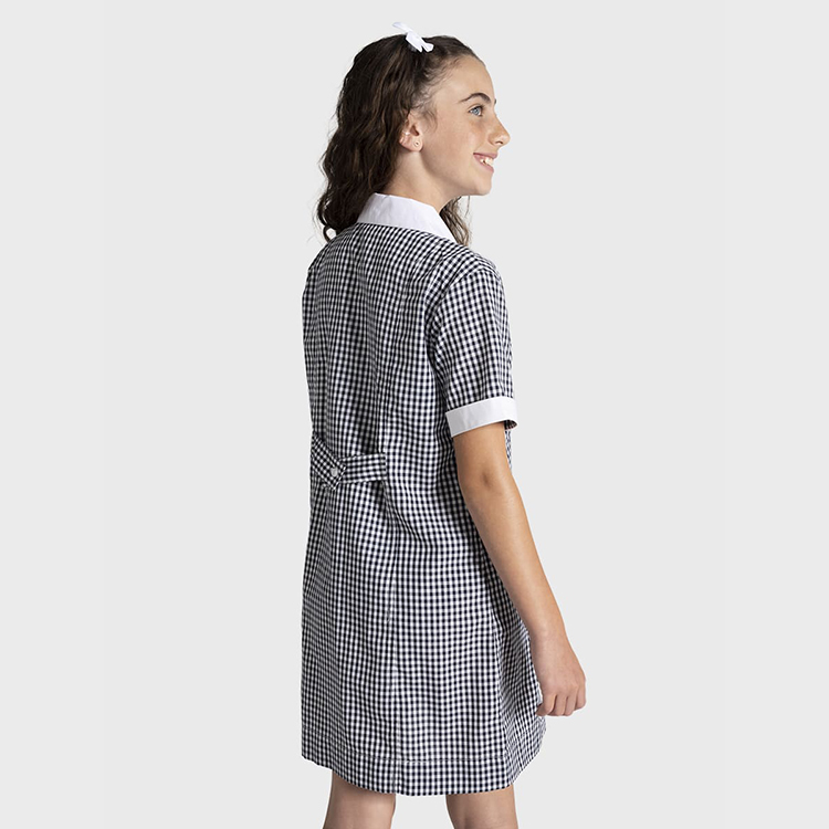 사용자 정의 디자인 여름 교복 짧은 소매 턴 다운 칼라 격자 무늬 여자 드레스 디자인