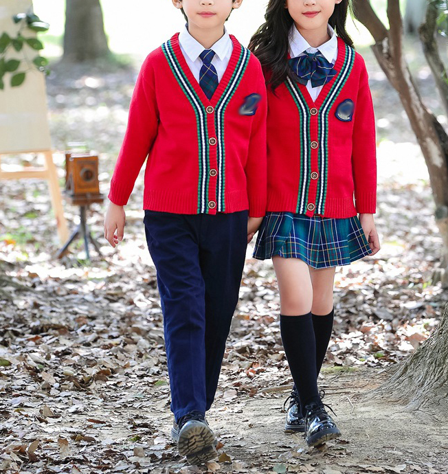 사용자 정의 디자인 봄 초등학교 교복 긴 소매 싱글 브레스트 V 넥 레드 어린이 스웨터