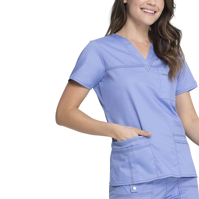 맞춤형 100% 면 유행 간호사 유니폼 디자인 V-넥 솔리드 스크럽 탑