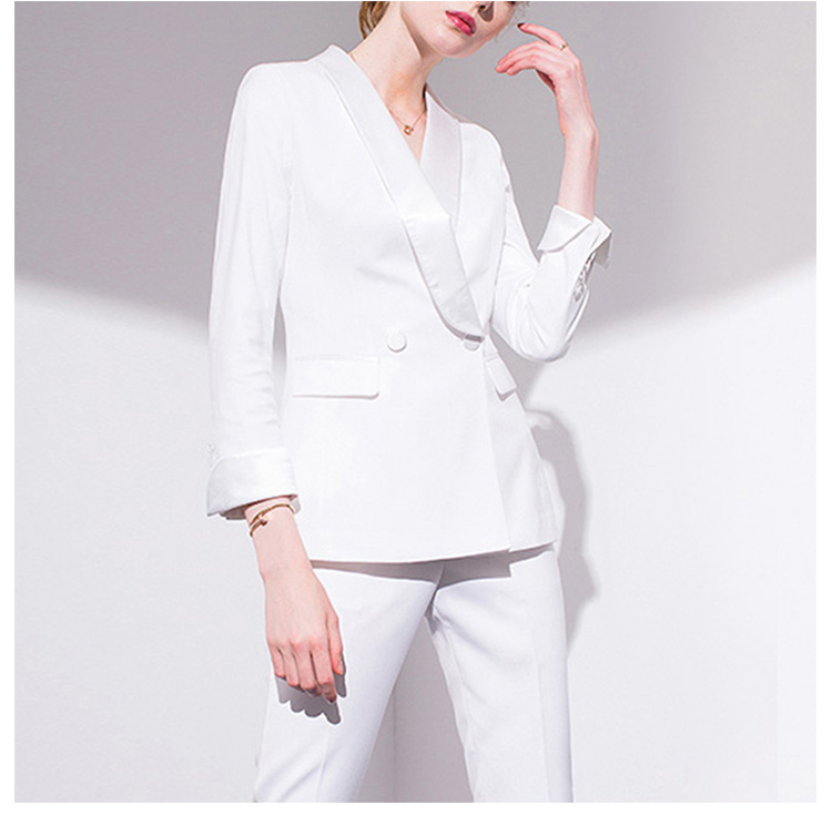 사용자 정의 디자인 간단한 스타일 솔리드 화이트 컬러 여성 사무실 긴 소매 싱글 브레스트 블레이저 정장 세트 포켓