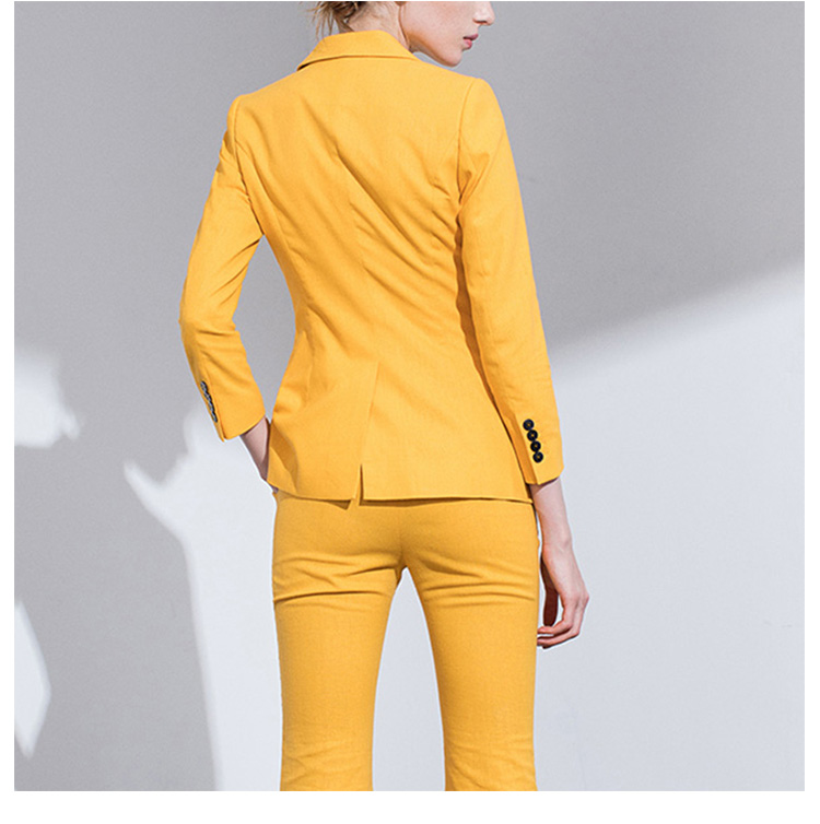 사용자 정의 디자인 세 조각 유행 여성 노란색 싱글 브레스트 V 넥 블레이저 조끼 세트