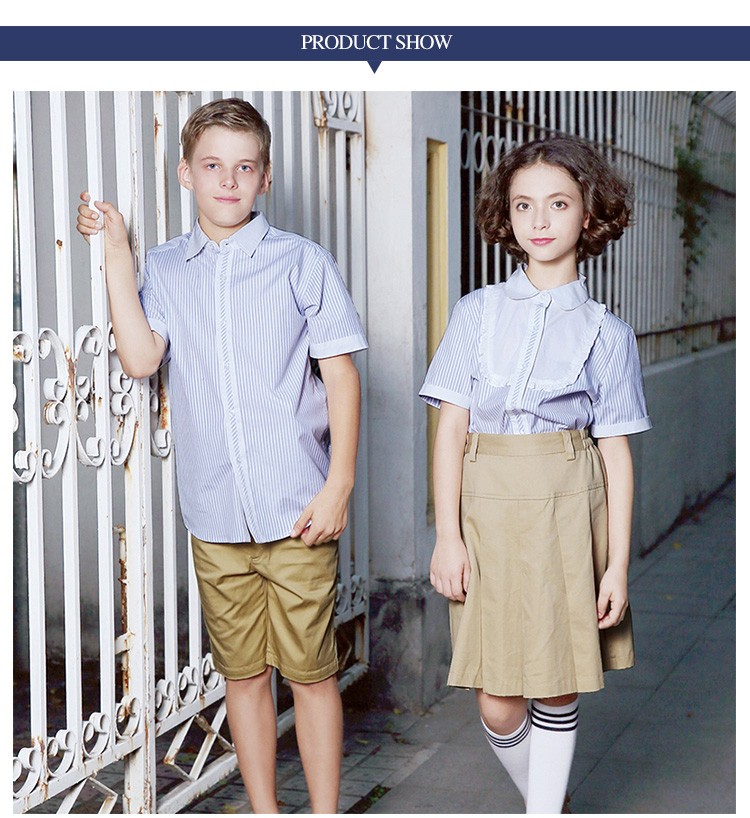  여름 가을 반팔 초등학교 옷 100% 면 스트라이프 패턴 교복 셔츠 