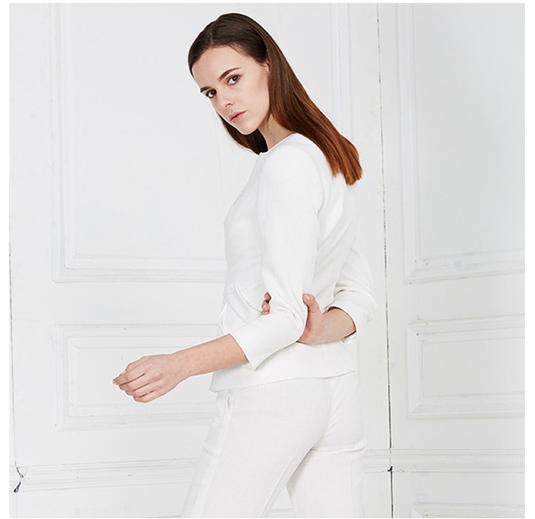독특한 디자인의 V 넥 긴팔 여성용 흰색 정장 포켓 세트